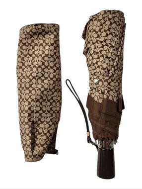 Coach Logo One Touch Compact Signature Umbrella w/Cover - Tan and Brown